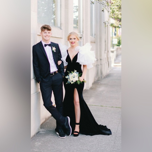 Velvet Gown with Shoulder Ruffle Detail - Picture 5 of 5